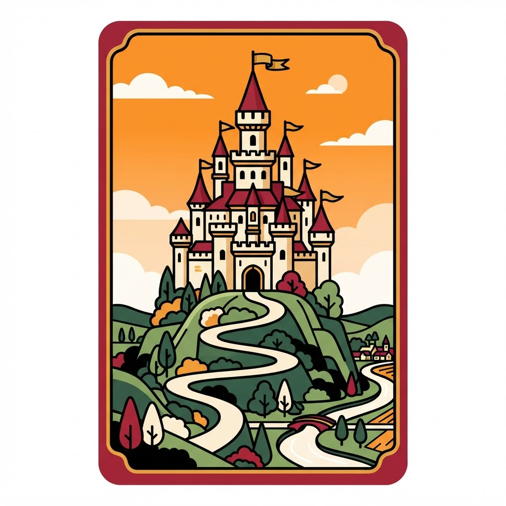 A tall castle with red roofs and gold flags on a hill