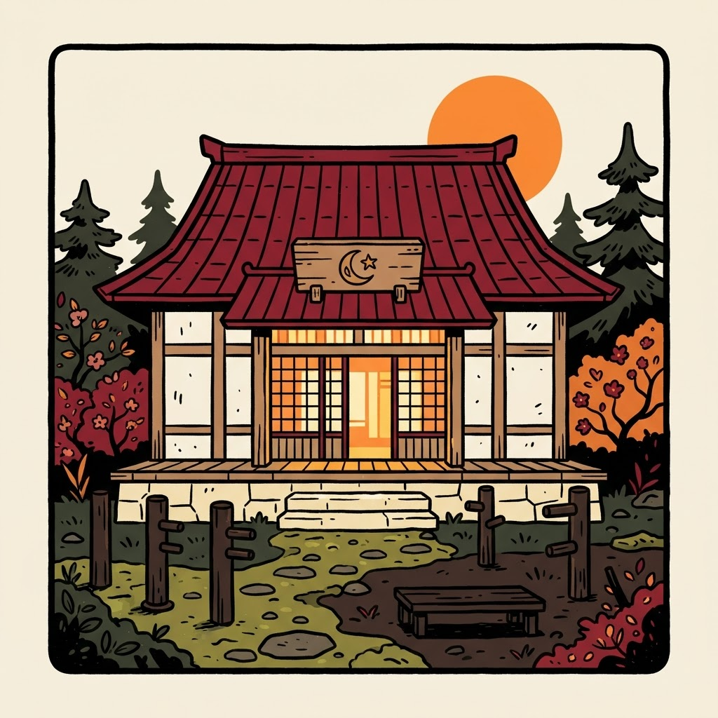 A traditional dojo with a deep red roof and warm glowing doors