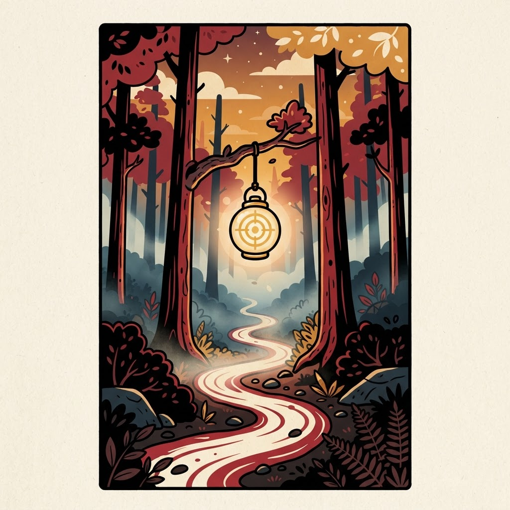 A quiet forest with a glowing golden lantern hanging between the trees