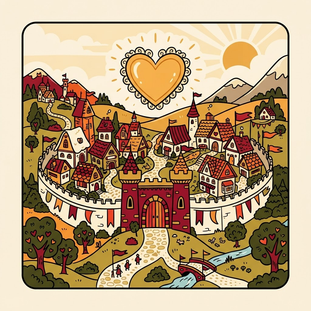 A friendly village with banners and a golden heart above the gate
