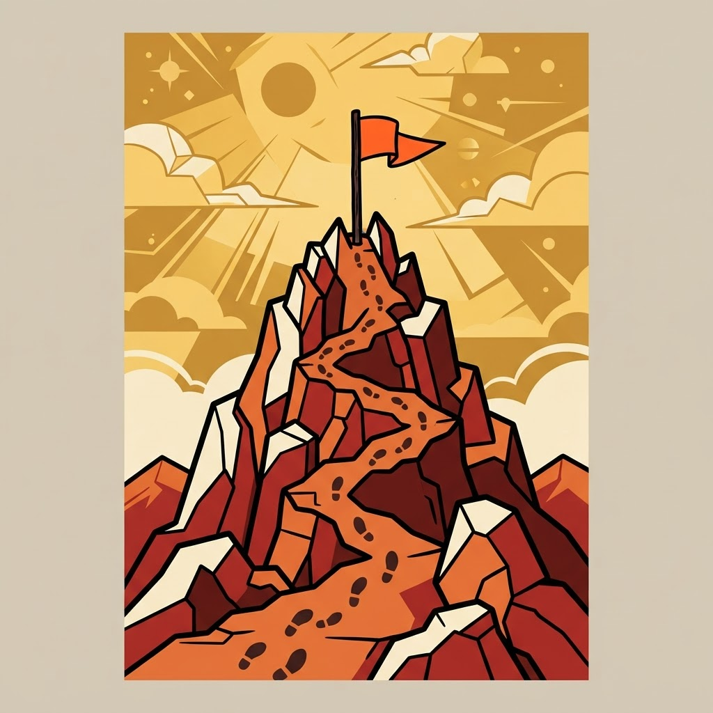 A rocky summit with a bright orange flag and footprints leading up