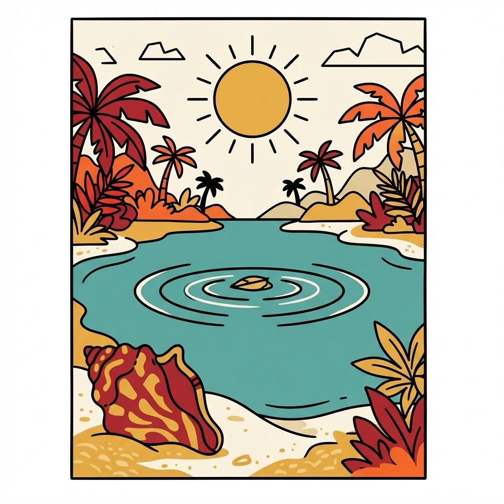 A calm lagoon with ripple rings, palm leaves, and a big golden sun