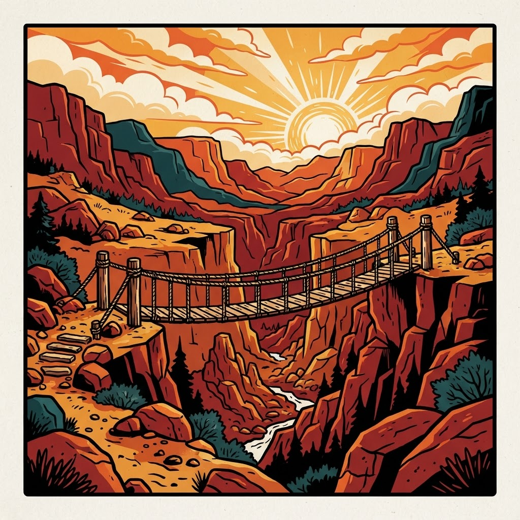 A rugged valley with a long rope bridge crossing a canyon