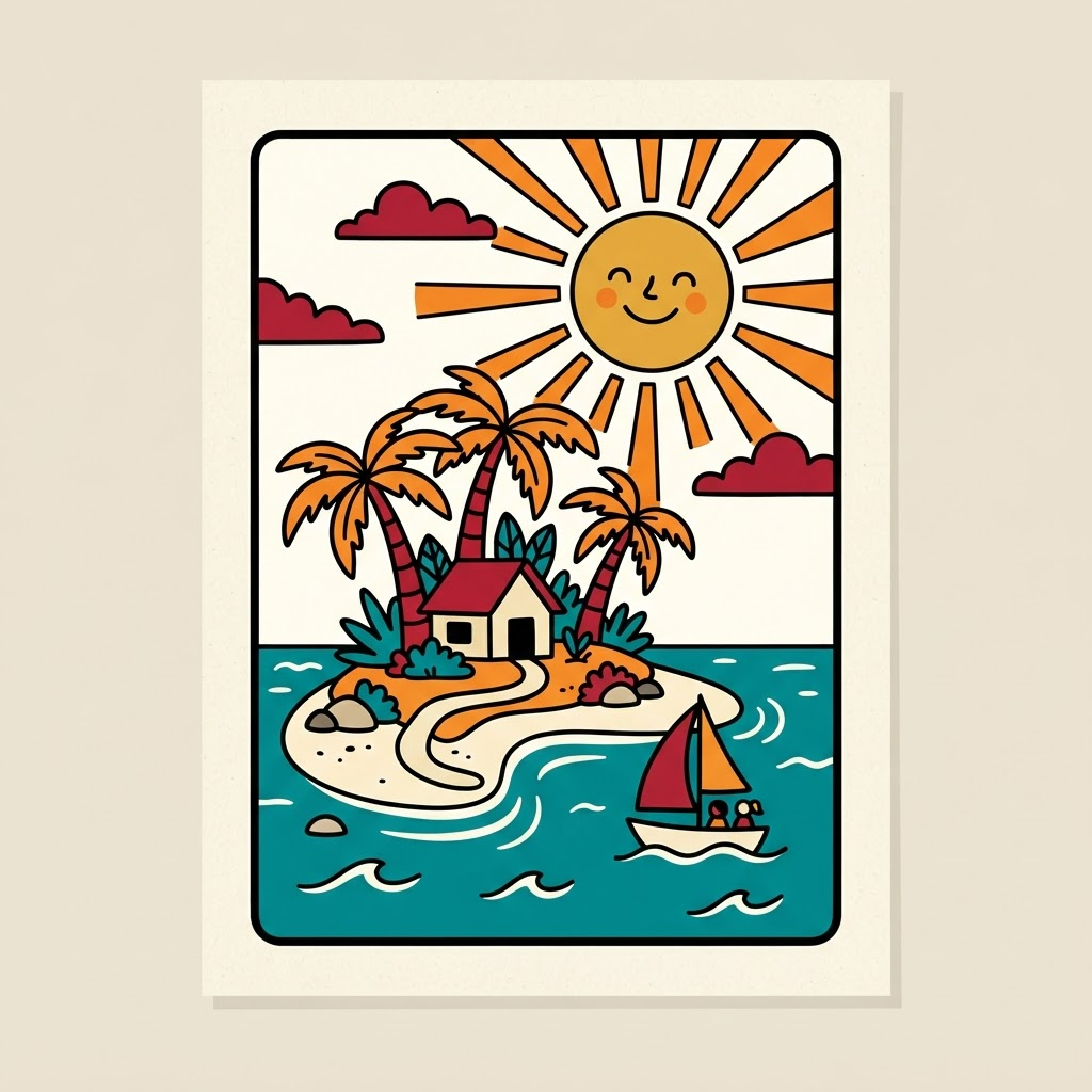 A cheerful tropical island with palm trees and a smiling golden sun