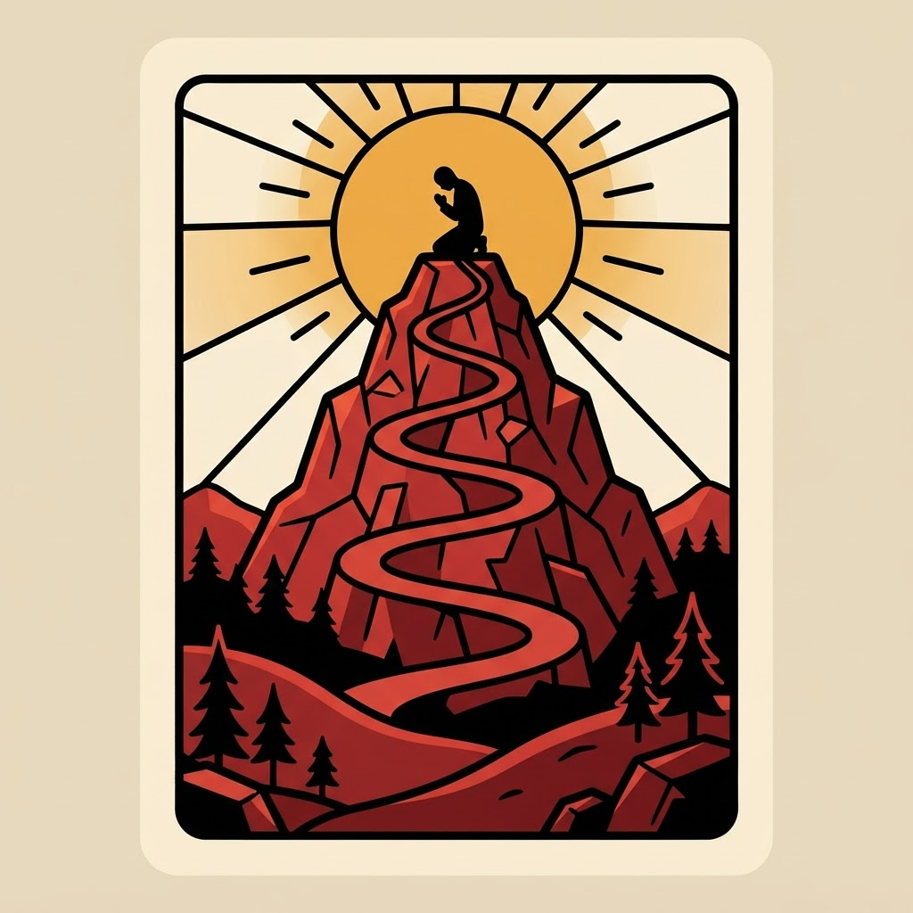 A tall mountain peak with a winding trail and a golden sun
