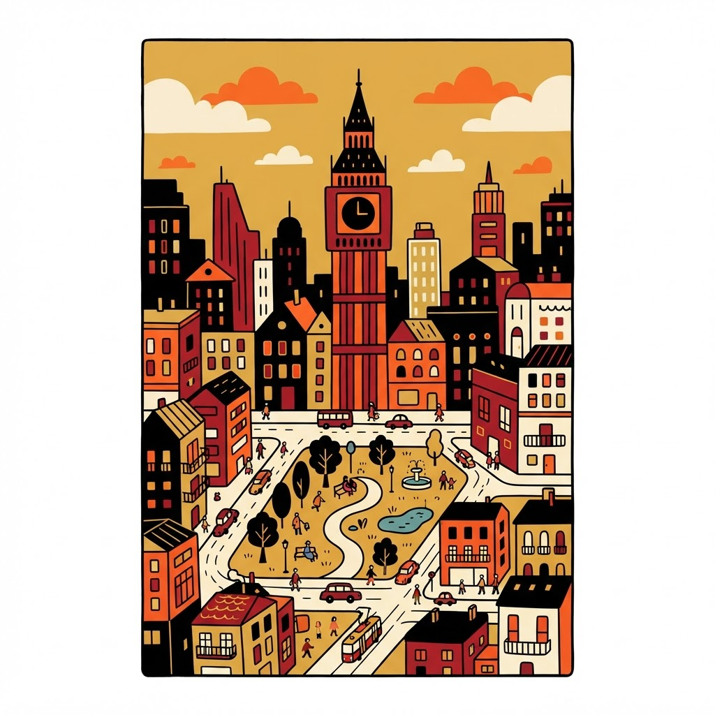 A tidy cartoon city skyline with a clock tower and a small park