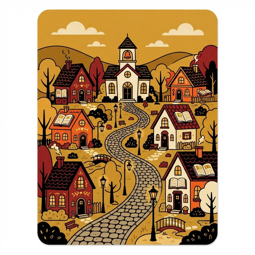 A cozy village of small houses with lanterns and a school bell tower