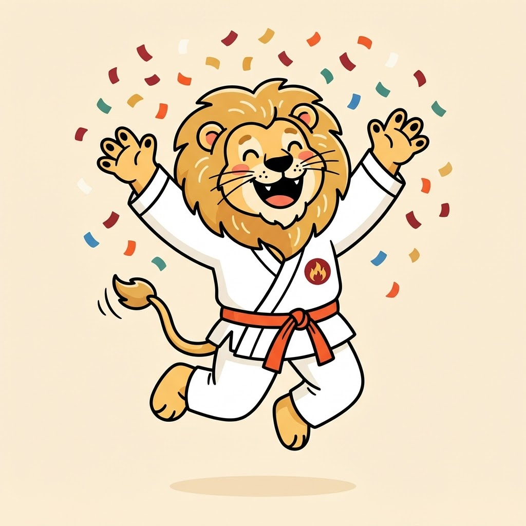 Leo the Brave Lion cheering with both arms raised